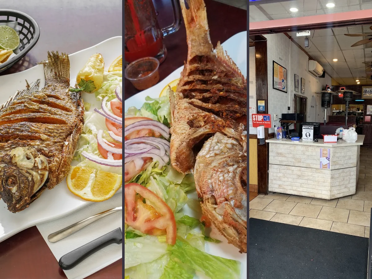 Seafood dishes on a casual restaurant table