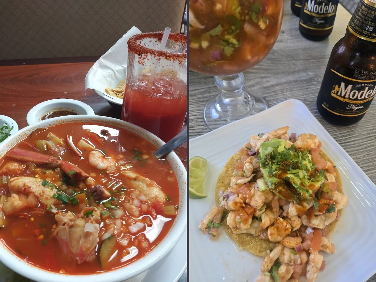 Plates of shrimp and fish dishes