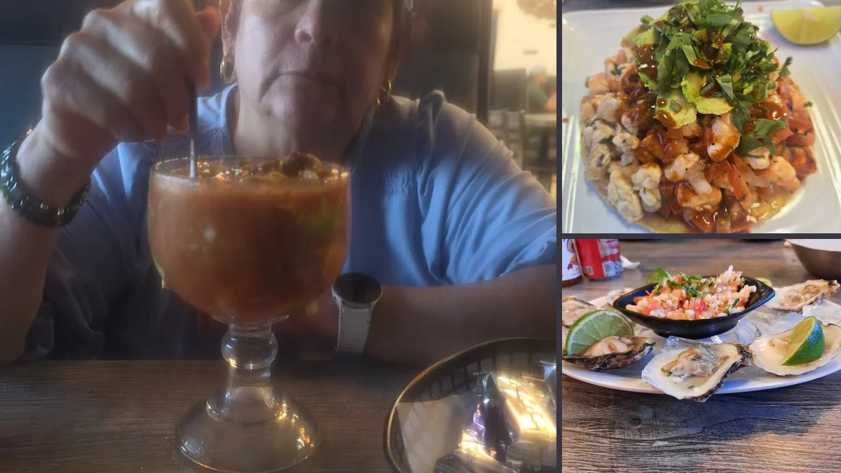 Seafood dishes on a casual restaurant table