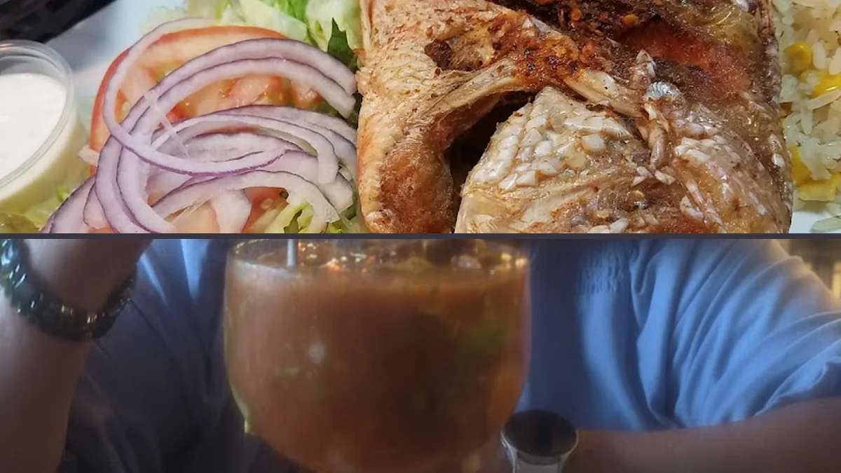 Seafood dishes on a casual restaurant table