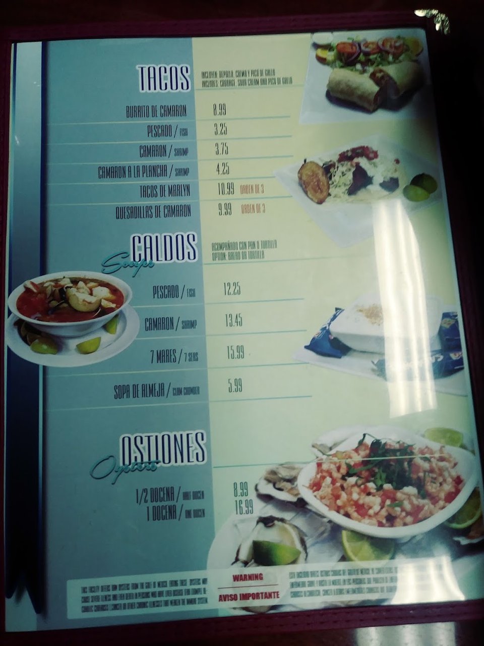 Menu page listing soups and dinner plates