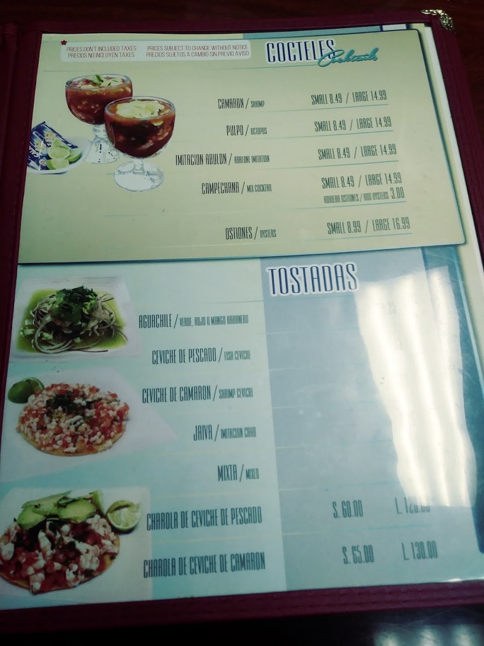 Seafood menu with cocktails and beverages